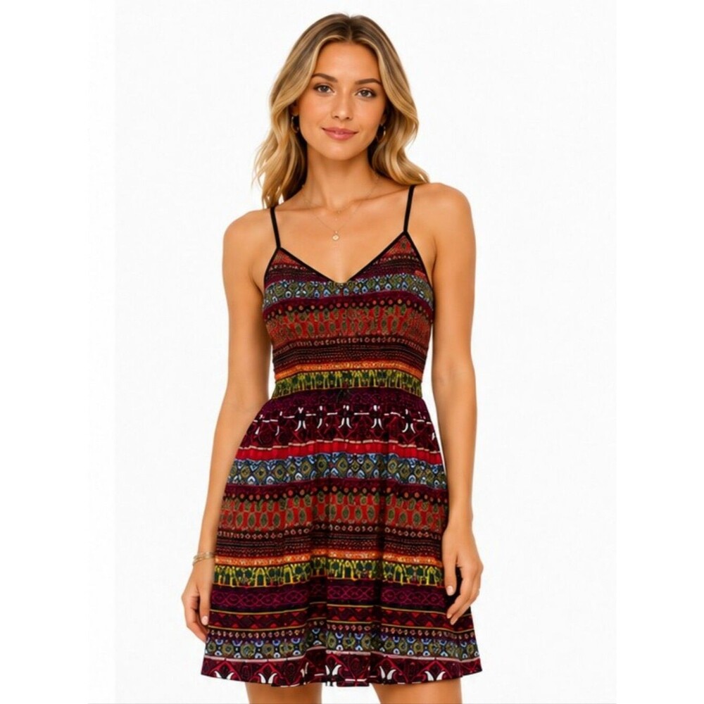 Band of Gypsies Aztec Tribal Print Boho Mini Sundress Women Multicolor XS